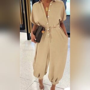 Khaki Casual Solid Split Joint Turndown Collar Short Sleeve Jumpsuits. Size L